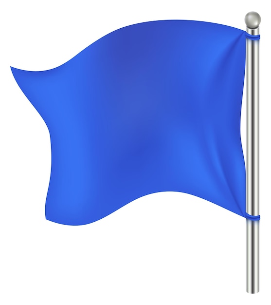 Bandera realista Tela azul ondeando en el viento Maqueta de poste de metal aislada sobre fondo blanco
