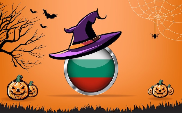 bandera redonda de bulgaria con pancarta de feliz halloween o fondo de invitación a fiesta murciélagos, arañas y calabazas fondo naranja