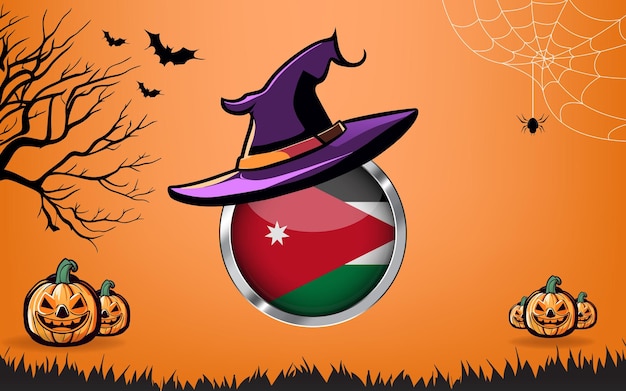 Bandera redonda de Jordania con pancarta de Feliz Halloween o fondo de invitación a fiesta, murciélagos, arañas y calabazas, fondo naranja