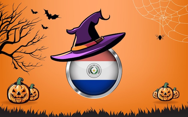 bandera redonda de paraguay con pancarta de feliz halloween o fondo de invitación a fiesta murciélagos, arañas y calabazas fondo naranja