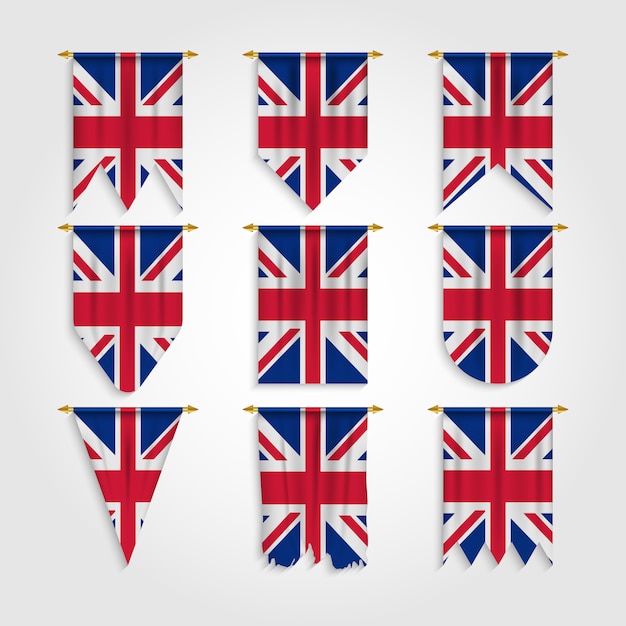 Vector bandera del reino unido con diferentes formas, bandera de británicos en varias formas