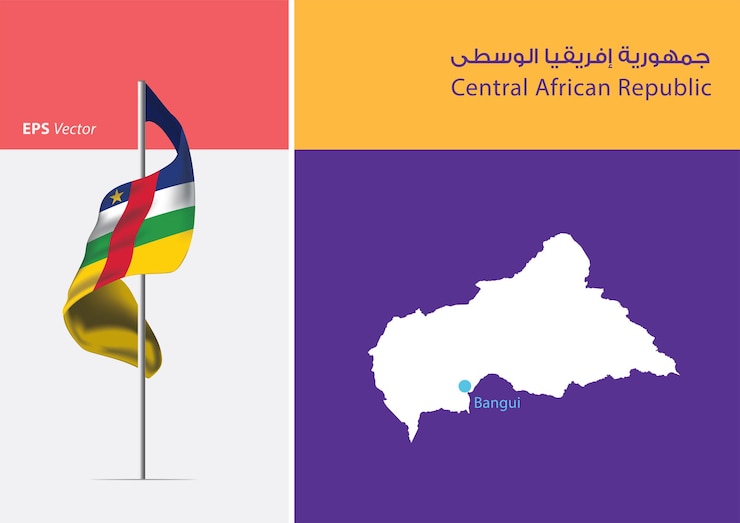 Vector bandera de república centroafricana sobre fondo blanco con mapa