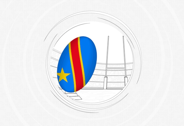 Vector bandera de la república democrática del congo en un icono de rugby de círculo bordeado de pelota de rugby con pelota en un estadio lleno de gente