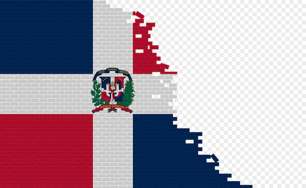 Bandera de la República Dominicana en la pared de ladrillos rotos. Campo de bandera vacío de otro país.