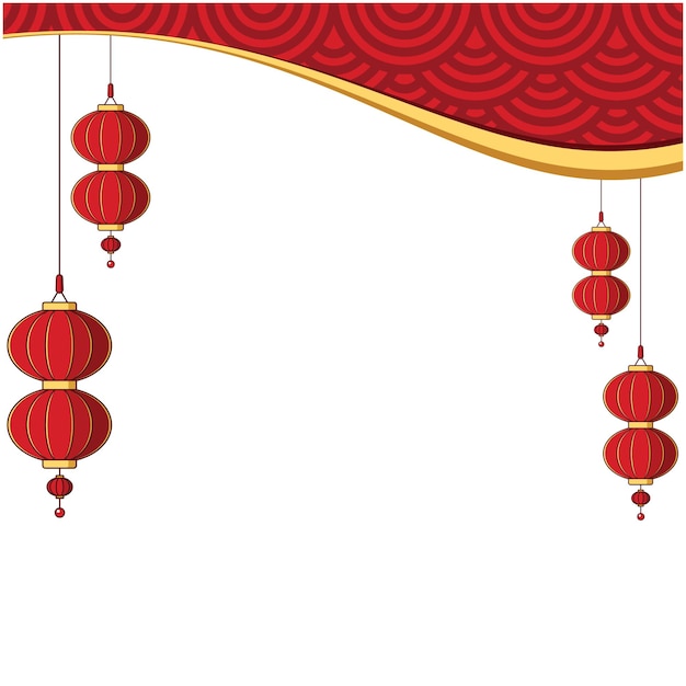 una bandera roja y dorada con linternas chinas colgando de ella