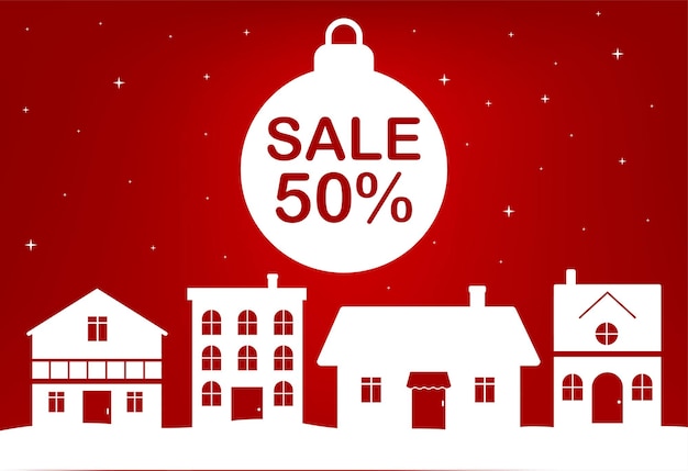 Bandera roja de la venta de la Navidad del invierno con el juguete de la Navidad y la ciudad en la ilustración del vector del fondo rojo