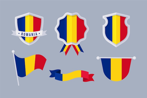 Bandera rumana dibujada a mano y colección de emblemas nacionales.