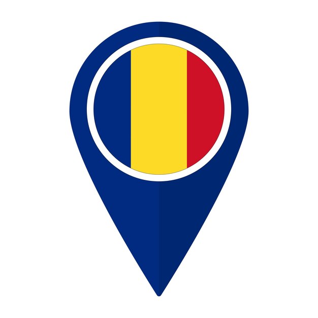 Bandera de Rumania en el mapa icono de punto aislado Bandera de Rumania