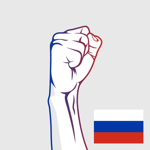 Bandera de Rusia con manos de protesta levantadas bandera del país vector de Rusia que protesta el concepto de diseño plano