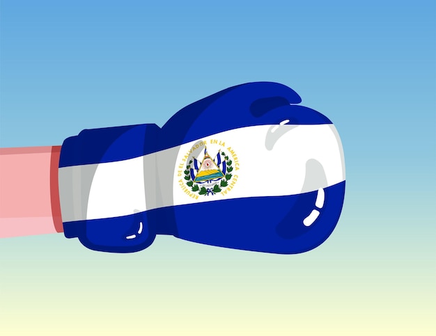 Bandera de El Salvador en guante de boxeo Enfrentamiento entre países con poder competitivo