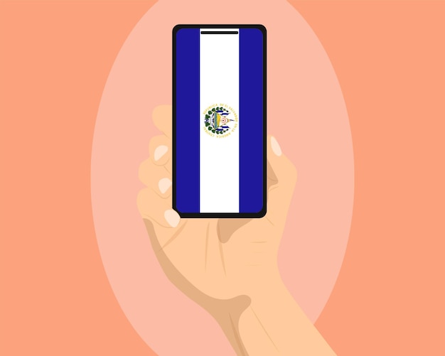 Vector la bandera de el salvador en la pantalla del teléfono móvil sosteniendo un concepto de banner de publicidad de redes sociales para teléfonos inteligentes