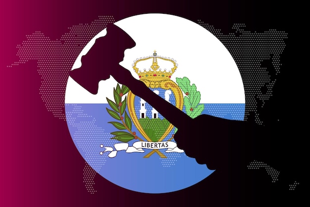 Bandera de San Marino con ley de concepto de corrupción de mazo de juez o banner de noticias de resultado legal
