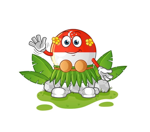 Bandera de singapur personaje ondeante hawaiano. vector de mascota de dibujos animados