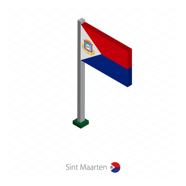 Bandera de Sint Maarten en asta de bandera en dimensión isométrica Fondo azul isométrico Ilustración vectorial