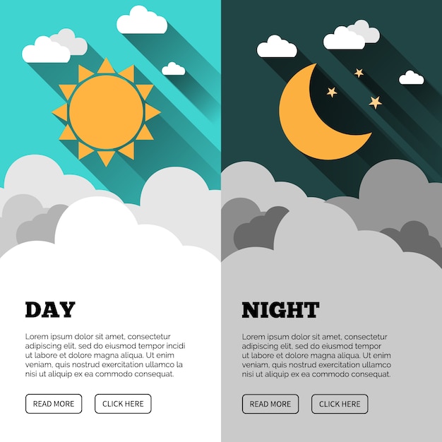 Vector bandera de sol, luna, estrellas y nubes. banner de concepto de día y noche. folleto de día soleado. folleto de star moon night. antecedentes. banner de concepto de pronóstico.