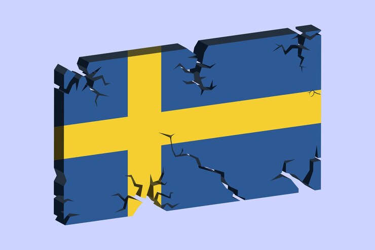 Vector bandera de suecia en el patrón de fractura de vector de pared agrietada 3d con concepto de problemas de textura agrietada