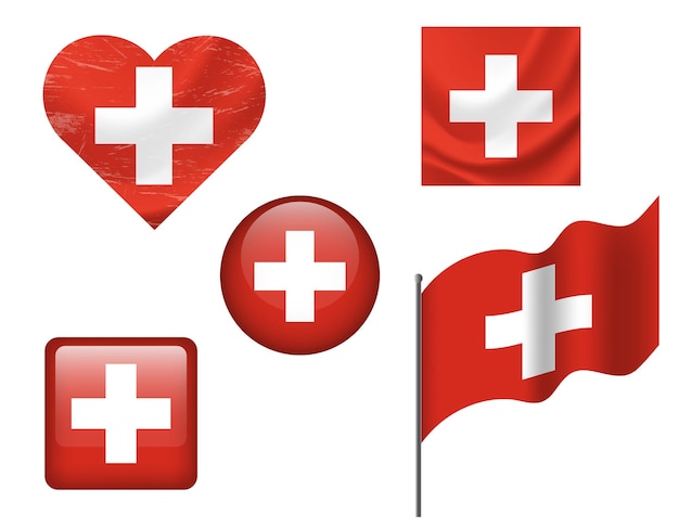 bandera de Suiza conjunto de iconos bandera vectorial de Suiza símbolo conjunto de bandera suiza botón corazón ondeado
