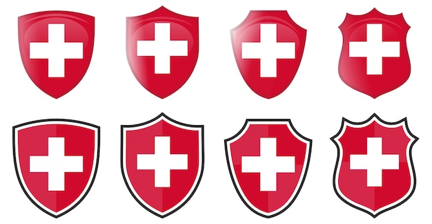 Bandera suiza en forma de escudo, cuatro versiones 3d y simples. Icono / signo suizo