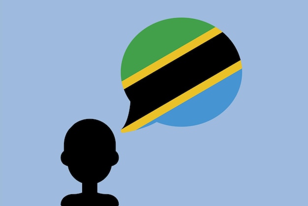 Bandera de tanzania con hombre de silueta de globo de discurso con bandera de país aprendiendo inglés