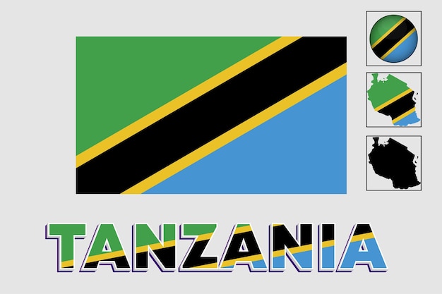 Bandera de tanzania y mapa en un gráfico vectorial