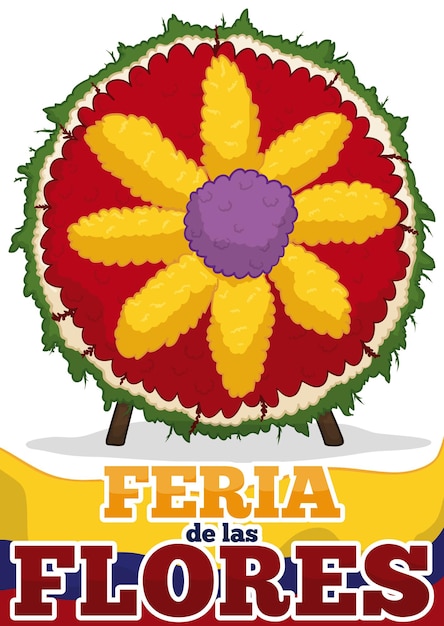 Bandera tricolor y silleta con forma de flor para el Festival Colombiano de las Flores escrito en español