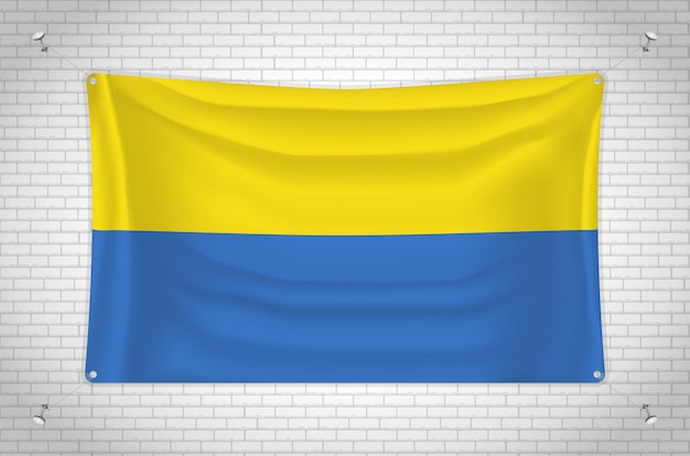 Bandera de Ucrania colgada en la pared de ladrillo. dibujo en 3D Bandera pegada a la pared. Dibujar cuidadosamente en grupos