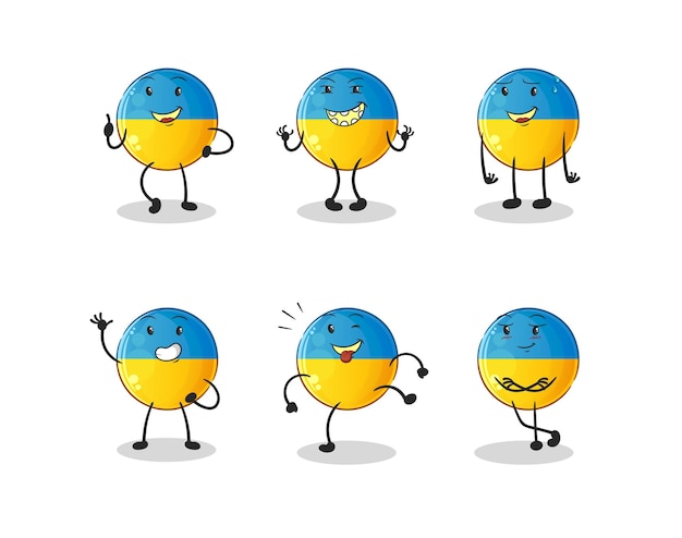 Bandera de Ucrania feliz establece el carácter. vector de mascota de dibujos animados