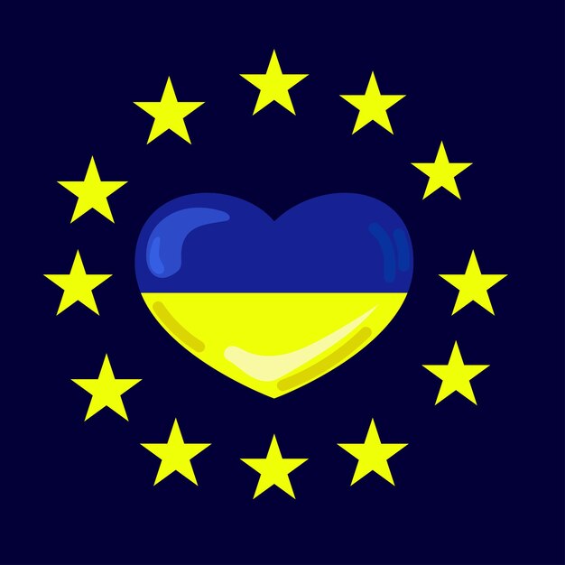 Bandera de Ucrania en forma de corazón en el fondo de la bandera de la Unión EuropeaVector