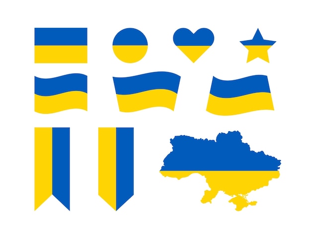 Bandera de Ucrania y mapa de signos de ilustración vectorial aislados establecidos Cinta patriótica para el diseño de pancartas nacionales