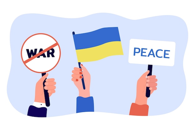 Vector bandera ucraniana, cartel con la palabra paz en manos humanas. señal de prohibición con guerra de palabras. gente sosteniendo pancartas para manifestaciones y protestas ilustraciones vectoriales planas. concepto de libertad