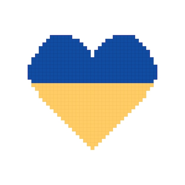 Bandera ucraniana en el corazón Pixel art Fondo liso blanco Ilustración vectorial