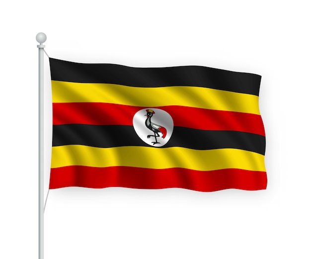 Bandera de Uganda en el asta de la bandera aislado en blanco