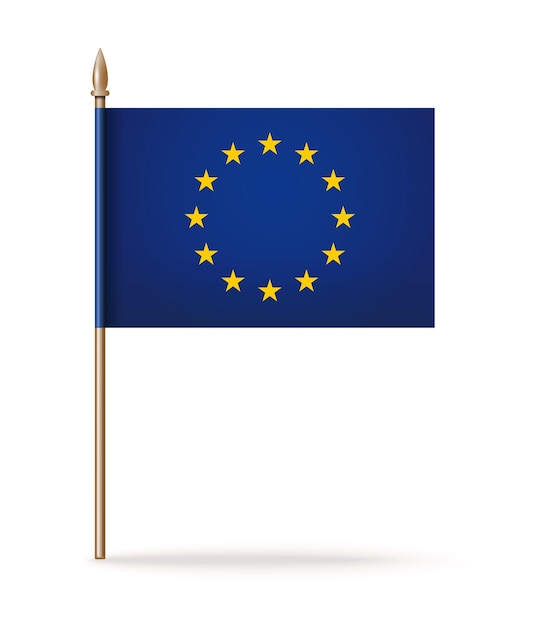 Bandera de la Unión Europea en un poste de madera en blanco