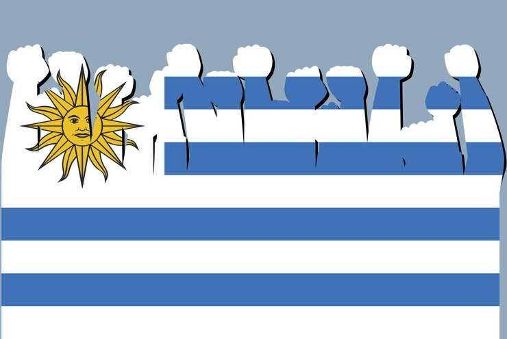Vector bandera de uruguay con manos de protesta levantadas vector logo de bandera de país concepto de protesta de uruguay