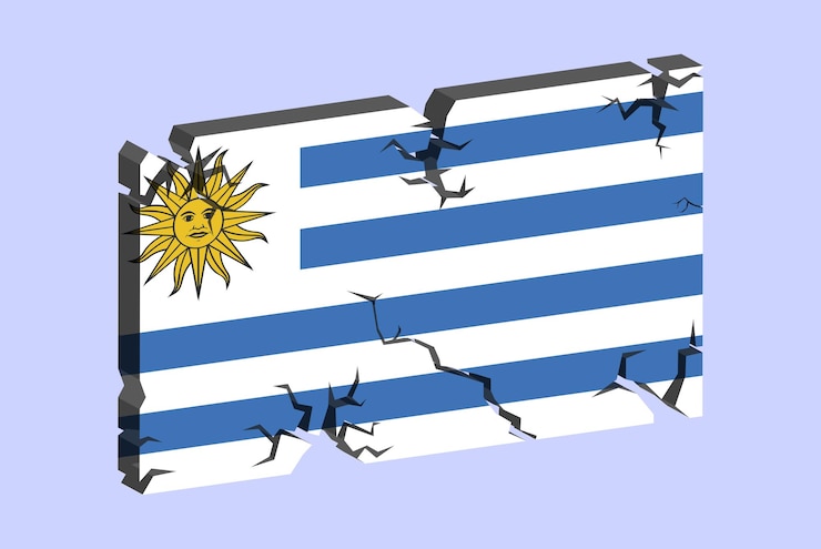 Vector bandera de uruguay en el patrón de fractura de vector de pared agrietada 3d con concepto de problemas de textura agrietada