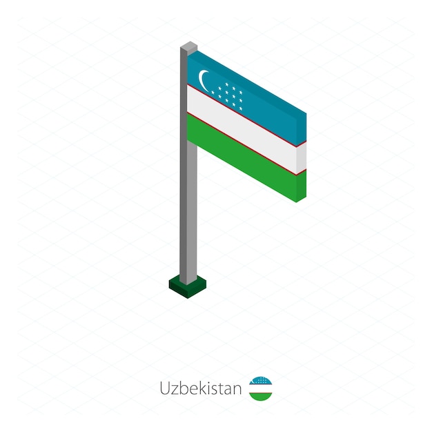 Bandera de uzbekistán en asta de bandera en dimensión isométrica fondo azul isométrico ilustración vectorial