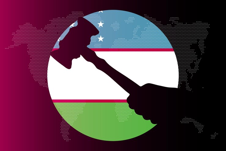 Vector bandera de uzbekistán con ley de concepto de corrupción de mazo de juez o banner de noticias de resultado legal