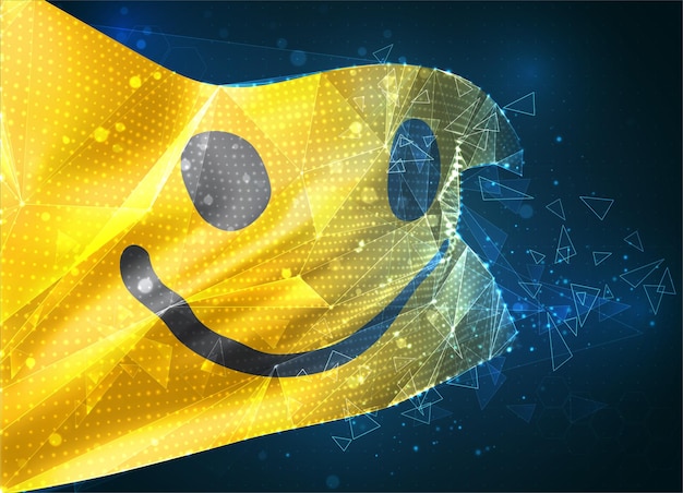 Bandera de vector alegre sonrisa amarilla, objeto 3D abstracto virtual de polígonos triangulares sobre un fondo azul