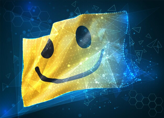 Bandera de vector alegre sonrisa amarilla, objeto 3D abstracto virtual de polígonos triangulares sobre un fondo azul