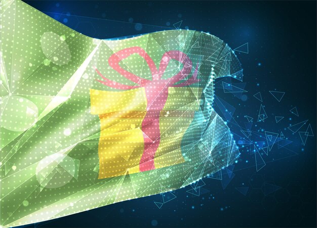 Bandera de vector de regalo, objeto virtual abstracto 3D de polígonos triangulares sobre un fondo azul