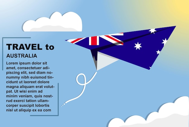 Bandera de vector de viaje de Australia con bandera de papel y bandera de espacio de texto en concepto de vacaciones de avión de papel