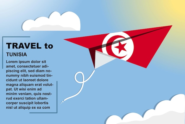 Bandera de vector de viaje de Túnez con bandera de papel y bandera de espacio de texto en concepto de vacaciones de avión de papel