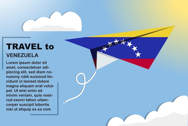 Bandera de vector de viaje de Venezuela con bandera de papel y bandera de espacio de texto en concepto de vacaciones de avión de papel