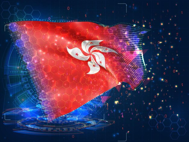 Bandera vectorial de Hong Kong objeto 3D abstracto virtual de polígonos triangulares sobre un fondo azul