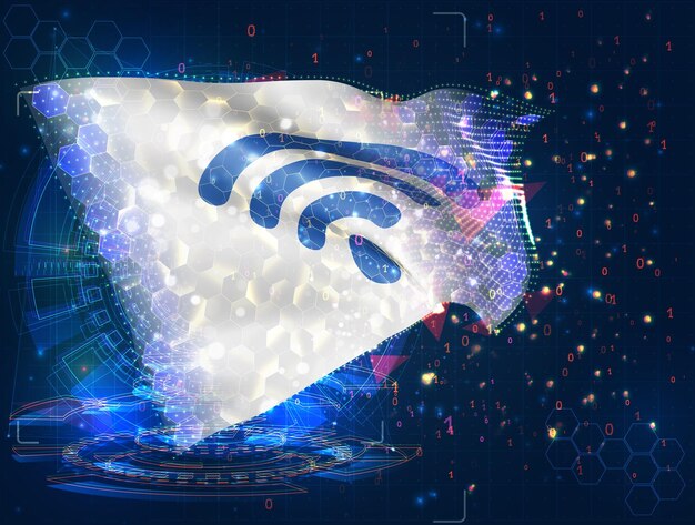 Bandera vectorial WiFi objeto 3D abstracto virtual de polígonos triangulares sobre un fondo azul