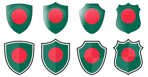 Bandera vertical de bangladesh en forma de escudo, cuatro versiones 3d y simples.