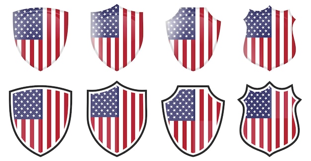 Bandera vertical de EE. UU. en forma de escudo, cuatro versiones 3d y simples. icono americano / signo