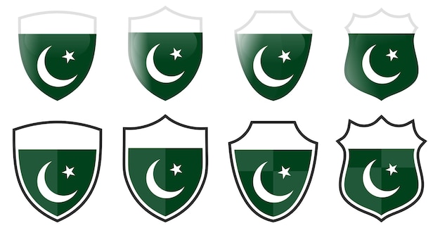 Bandera vertical de Pakistán en forma de escudo, cuatro versiones 3d y simples. Icono/signo paquistaní