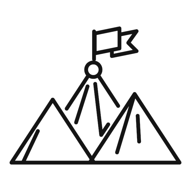 Bandera de la victoria en el vector del contorno del icono de la montaña Pico del objetivo del negocio superior
