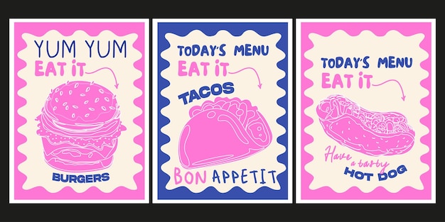 Banderas antiguas de comida rápida Carteles de comida en estilo retro Tacos hamburguesas con perrito caliente